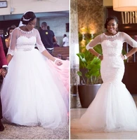 fashion lace mermaid wedding dress 2021 vestido de casamento women african vintage 34 sleeves wedding gowns