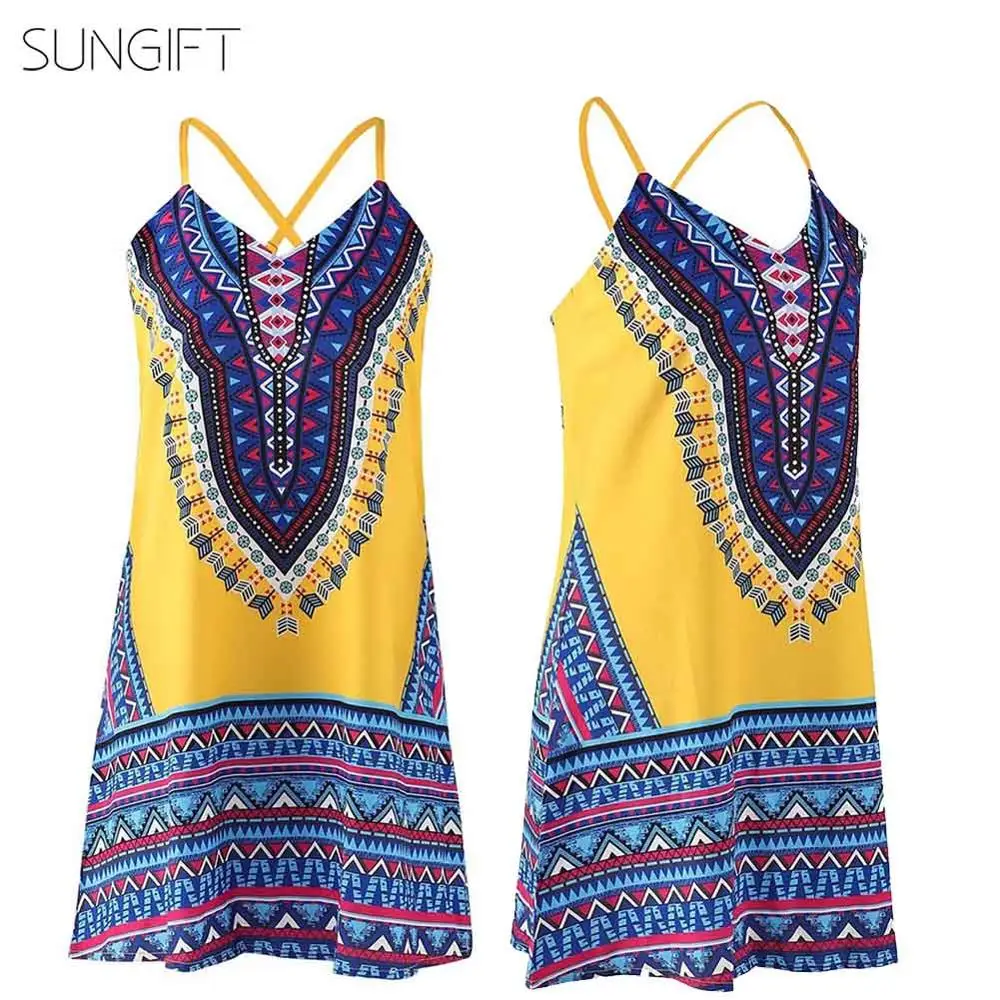Женское платье в африканском стиле SUNGIFT Dashiki мини с v образным вырезом и тонким