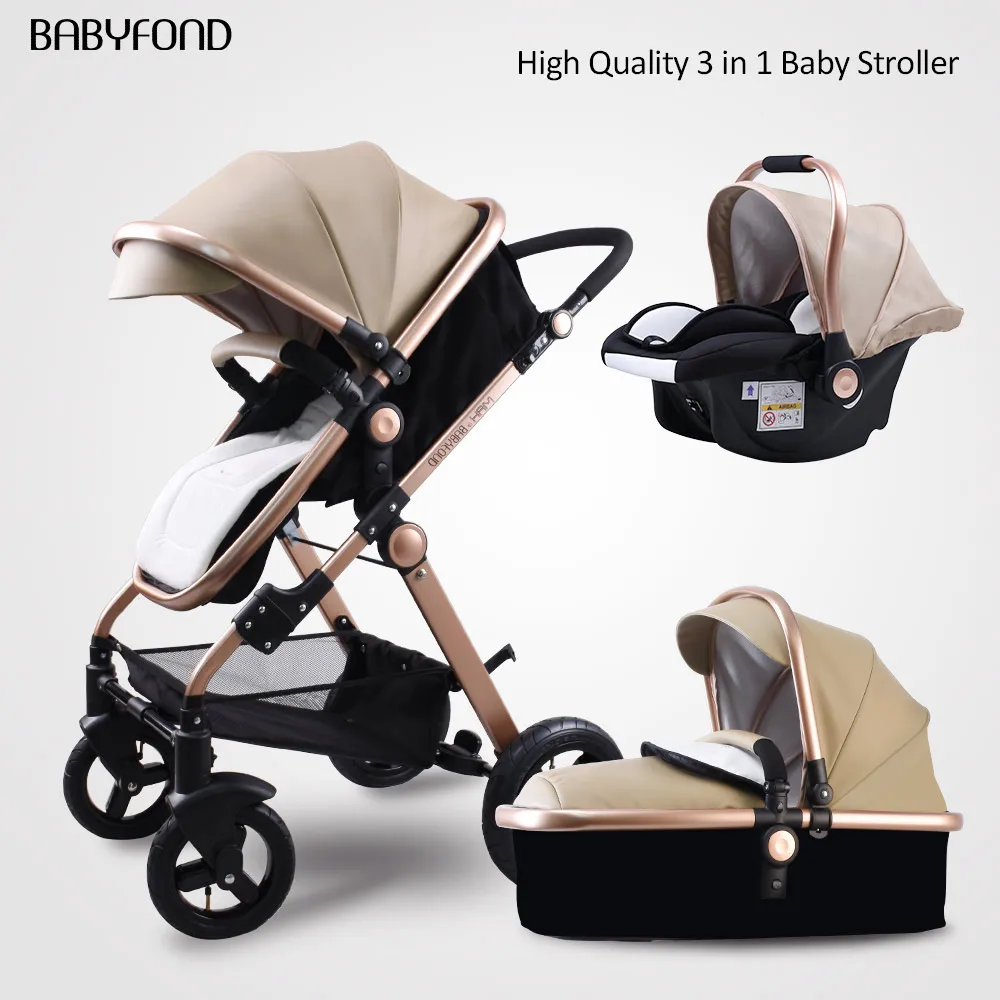 Babyfond 3 в 1 детская коляска PU водонепроницаемый материал многоцветный светильник Роскошная портативная детская коляска с корзиной и автокреслом