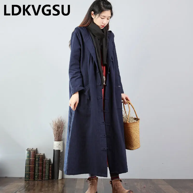 2018 Осенняя новая хлопковая льняная однотонная Длинная Верхняя одежда в стиле
