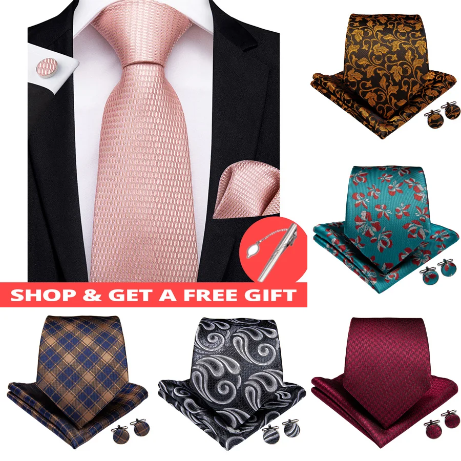 

DiBanGu New Designer Men Gifts Tie Clip 150cm Long Ties 100% Silk Necktie Hanky Cufflinks Tie Wedding Business Party Tie Set