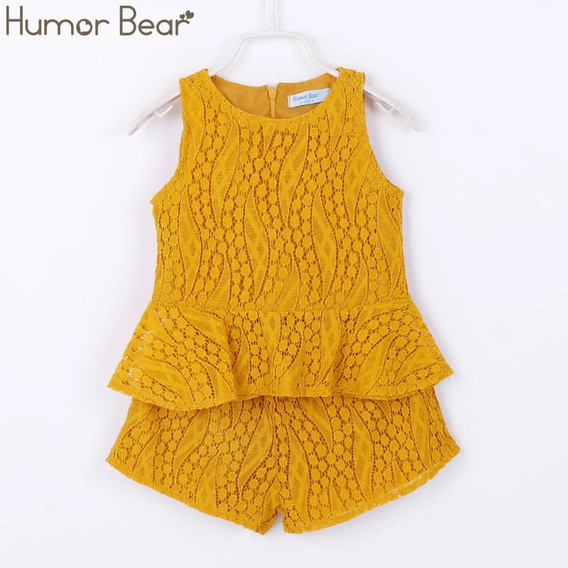 yellow 1130 Humor bear/Одежда для маленьких девочек г. Новые модные комплекты одежды для девочек детская одежда Милая футболка с бантом для маленьких девочек+ штаны, летний комплект - Цвет: yellow 1130