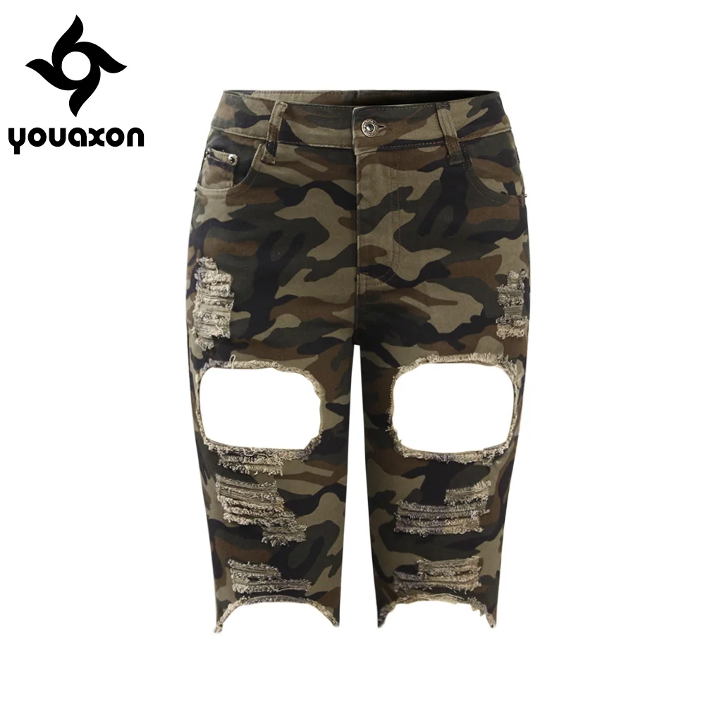2106 Youaxon камуфляжные рваные шорты бермуды женские эластичные потертые джинсовые