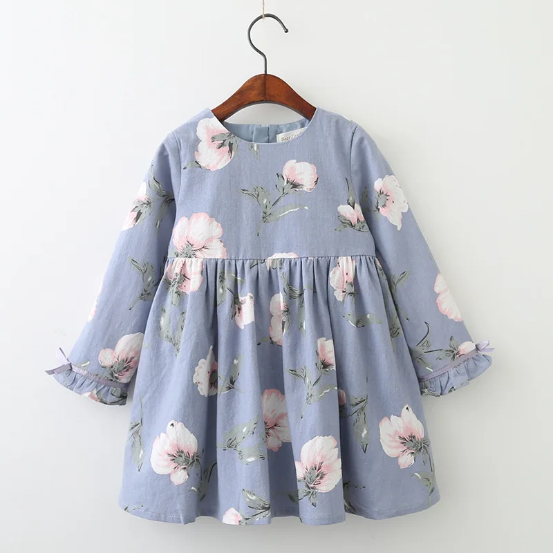 Spring and Autumn New Girls Dress Fashion Full Print Flower Bow Long Sleeve Children's clothings | Детская одежда и обувь