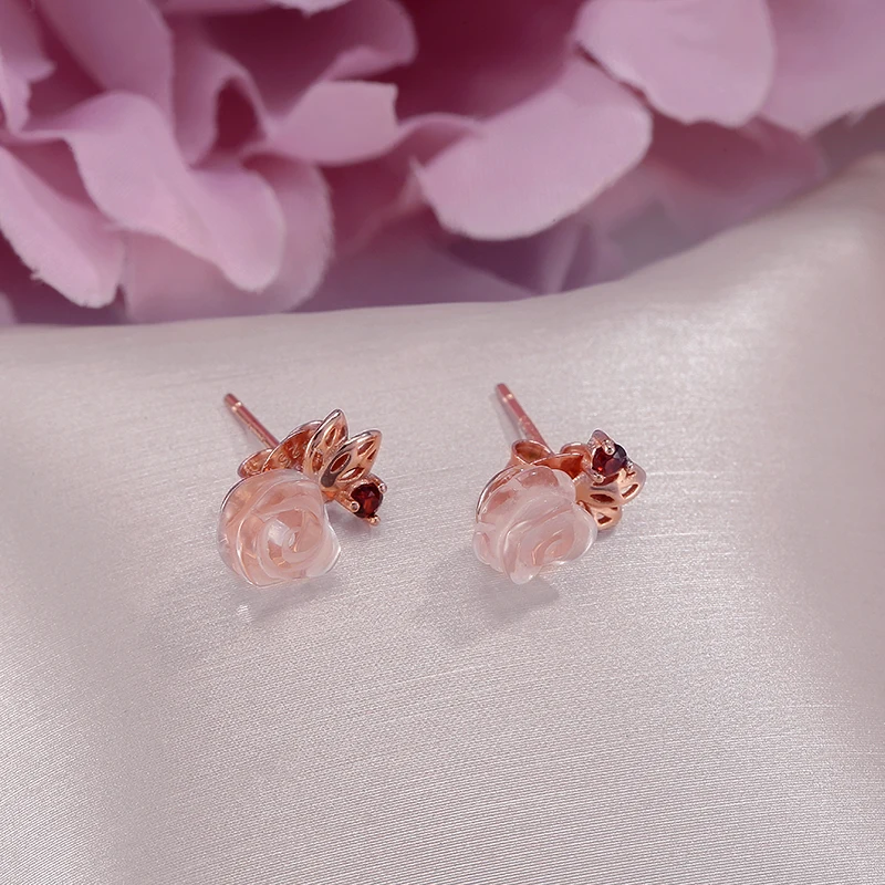 Fine Jewelry Stud Earrings Sterling Silver 925 Natural Pink Rose Quartz Gemstone For Women Flower Romantic Bijoux CCEI015 | Украшения и