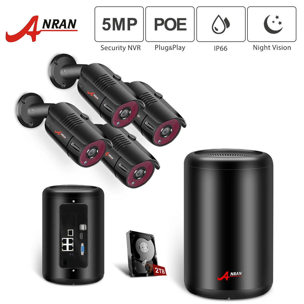 ANRAN 5MP HD 4CH Водонепроницаемая камера ночного видения POE цилиндрическая NVR система