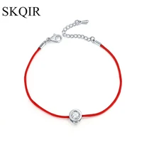 handmade red string thread rope bracelet clear crystal zirconia pendent bangle silver color diy bracelet for female jewelry gift