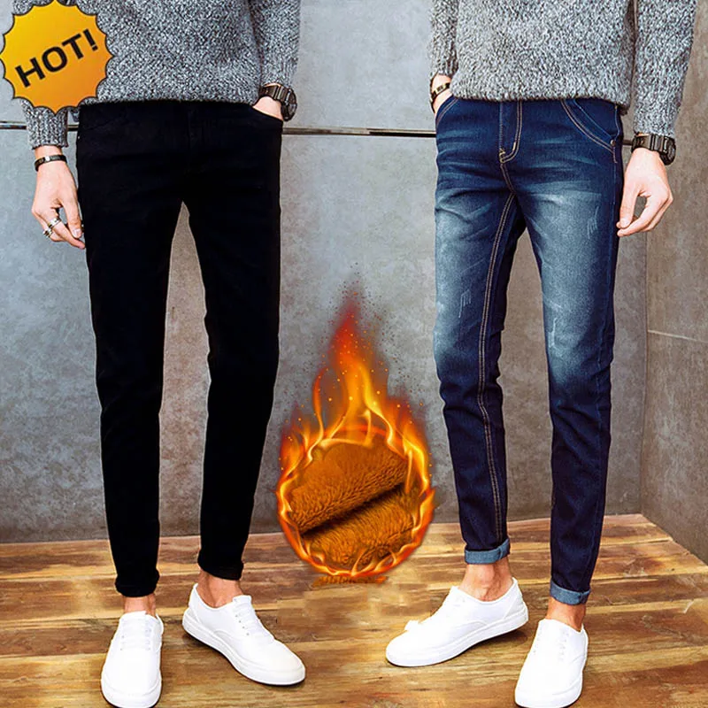 Новые 2020 зимние Утепленные thelmal густой слой меха Slim Fit Теплые джинсы мужские брюки