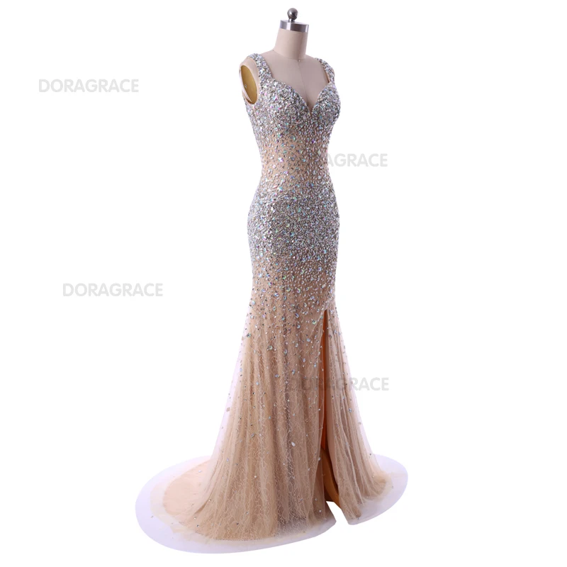 Doragrace Real Photo V Neck Side Split Open Back Evening Dresses Crystal Prom Gowns Beaded Mermaid Party | Свадьбы и торжества