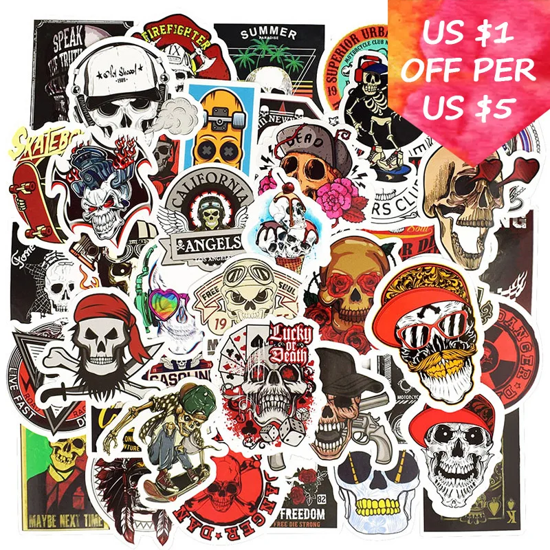 

50Pcs Rock Skeleton Stickers For Suitcase Skateboard Laptop Phone Motorcycle Bicycle Car Accessories Mixed Punk Skull Stickers