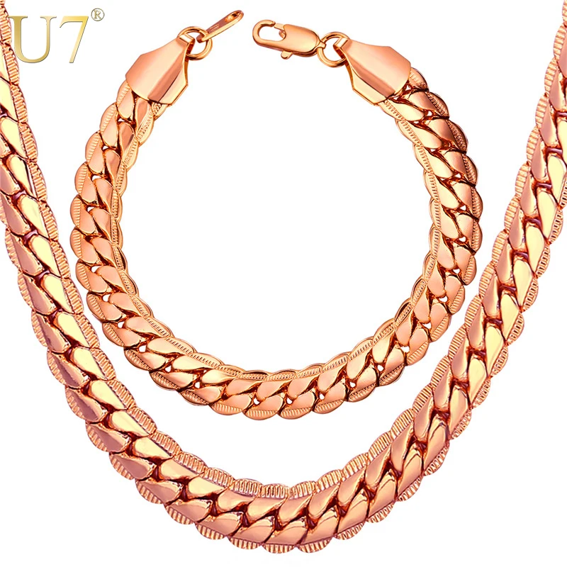 

U7 Brand Gold Color Chain Necklace And Bracelet Set Wholesale 9mm Chunky Big Long/Choker Men Jewelry Set 2017 New Fashion S1007