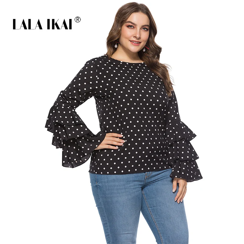 LALAIKAI плюс Размеры XL 2XL 3XL 4XL 5XL 6XL в горошек футболка Для женщин с длинным рукавом