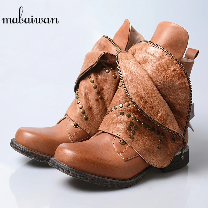 preço Mabaiwan New Mulheres Outono Inverno Ankle Boots Com Zíper Genuína Sapatos De Couro Mulheres Sexy Apartamentos Casuais Rebites Montando Botas De Neve Curta
