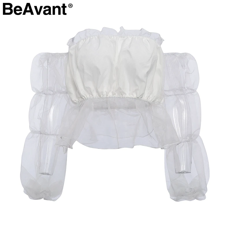 Белый BeAvant, белый женский короткий топ с открытыми плечами, прозрачный сетчатый рукав, женские топы, рубашки, вечерние, Клубные, с вырезом лодочкой, женские шикарные топы, майки - Цвет: Белый