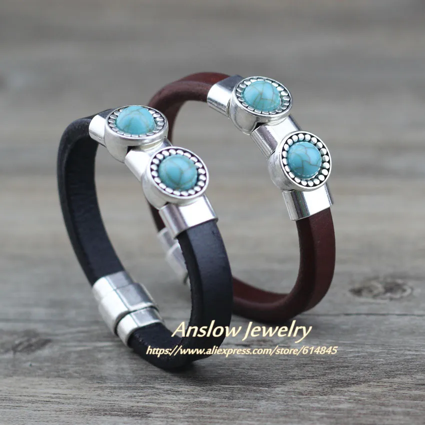 Мужской кожаный браслет Anslow брендовый унисекс из натурального зеленого камня с