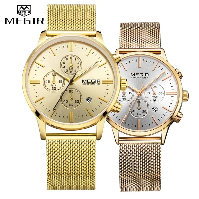 Gold MEGIR, мужские и женские часы, модный хронограф, повседневные, водонепроницаемые, тонкие, стальная сетка, кварцевые часы для мужчин и женщин, наручные часы, аналоговые - Цвет: Gold