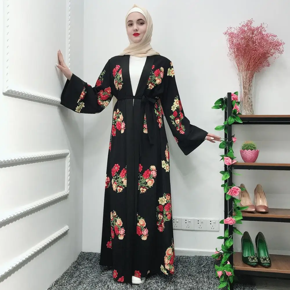 

Мусульманский креп ткань Женская печать черный длинный рукав равнина abayas