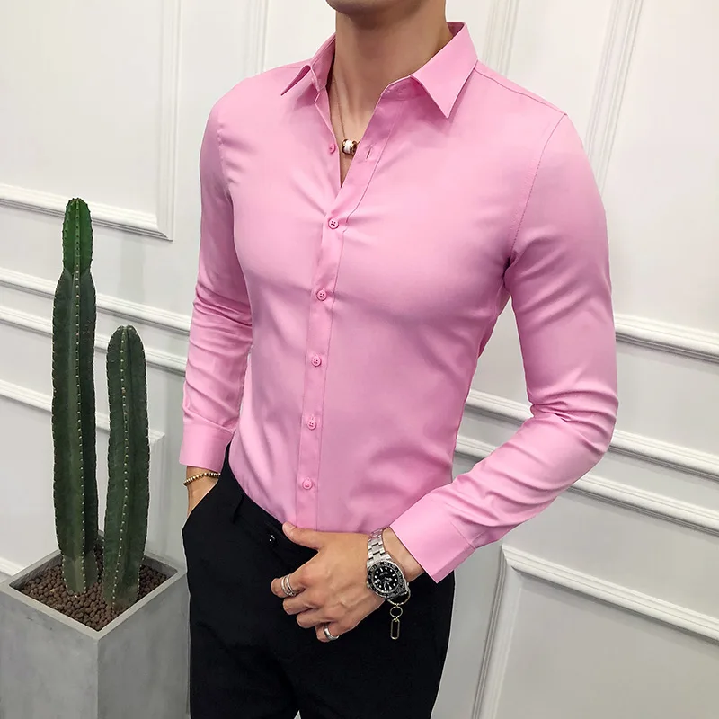 

Fashion 2021 Business Men Shirt Brand New Slim Fit Solid All Match Dress Shirts Men Long Sleeve Simple Prom Tuxedo Blouse Homme