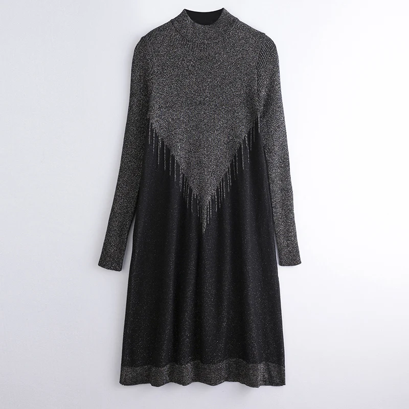 Fall Winter Fashion Women Black Logn Sleeve Mandarin Collar Glitter Knit Sweater Dress Autumn Woman Sequined Pullover Sweaters | Женская