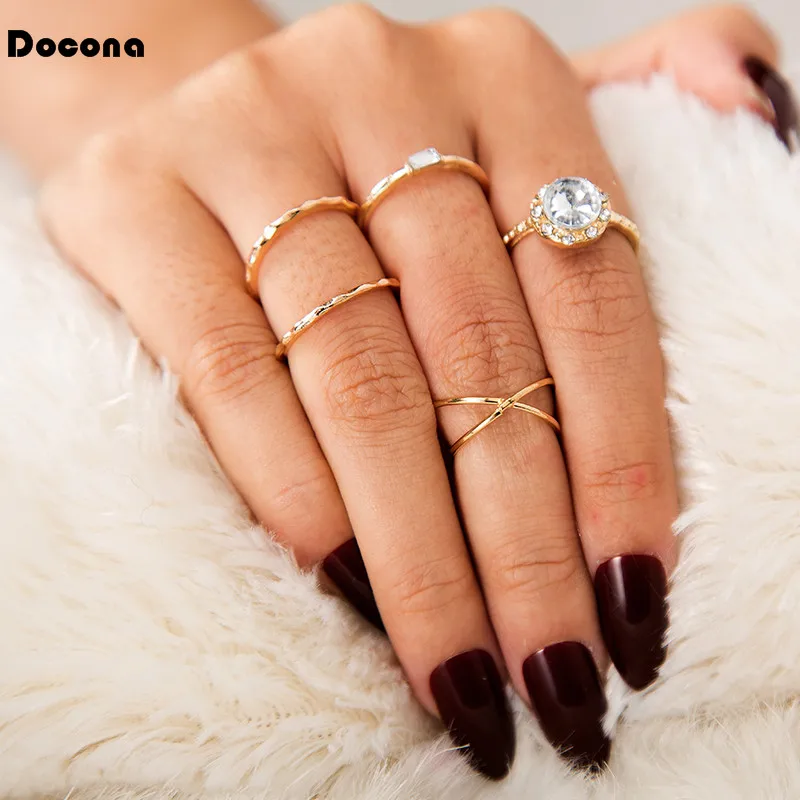 Docona 5pcs/sets Elegant Luxurious Super Shinning Crystal Stone Gold Color Finger Rings For Women Ladies Jewelry Gift 3661 | Украшения и