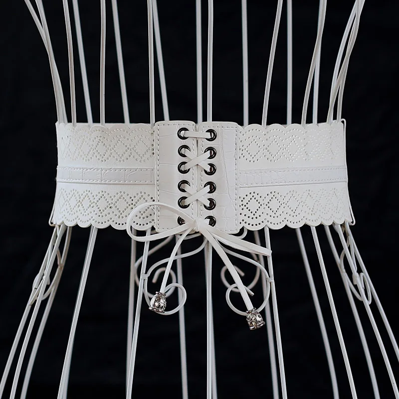 

High End White Black Hollow Out Woven PU 6CM Width Women Belt Fashion Dress fringe Waistband Belt Ladies Dress Accessories