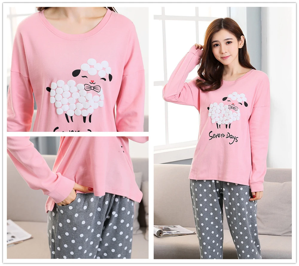 Хлопковый комплект для девочек с овечкой рубашка и штаны женская пижама пижамная