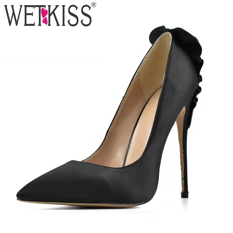 WETKISS/атласные туфли-лодочки на каблуке 12 см женские туфли-лодочки на высоком каблуке-шпильке женские плиссированные туфли с острым носком закрытые туфли для вечеринки; Новинка; сезон осень