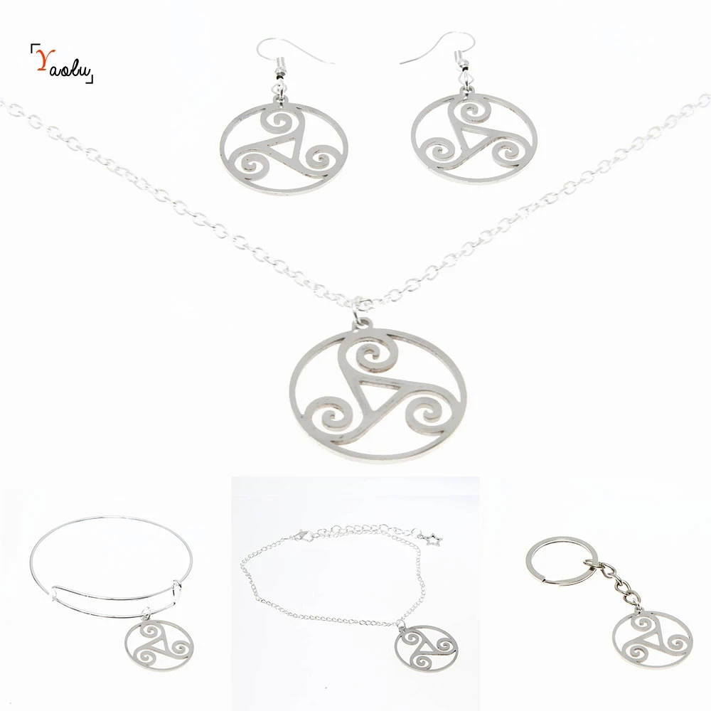 

Тройной спиральный символ ожерелье серебряного тона Triskele эмблема амулет ювелирные изделия из нержавеющей стали брелок браслет серьги