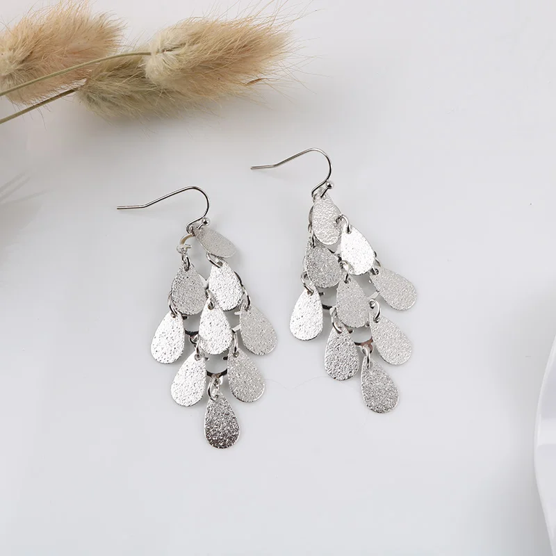 rhodium fishook Богемные этнические Роскошные Многослойные Длинные серьги-клипсы в форме капель с блестками без пирсинга для женщин, для свадебной вечеринки, висячие клипсы для ушей - Окраска металла: rhodium fishook