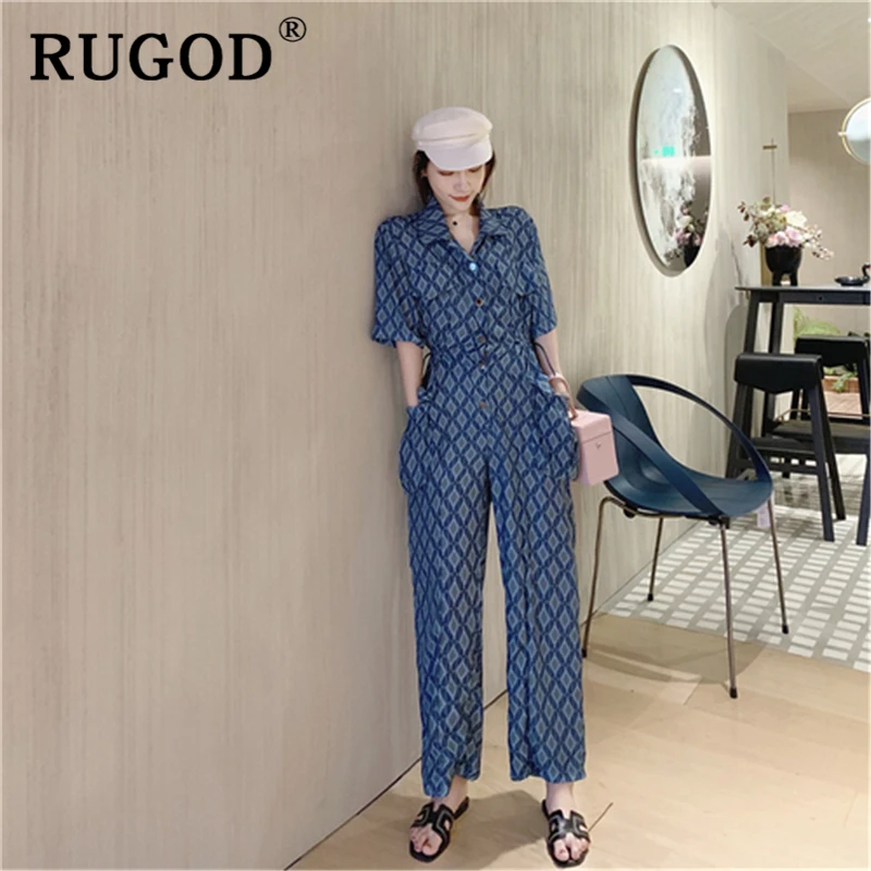 

RUGOD Office ladies plaid chiffon playsuit Elegant hight waist lace up wide leg bodysuit for women 2019 Fashion party Jumpsuit