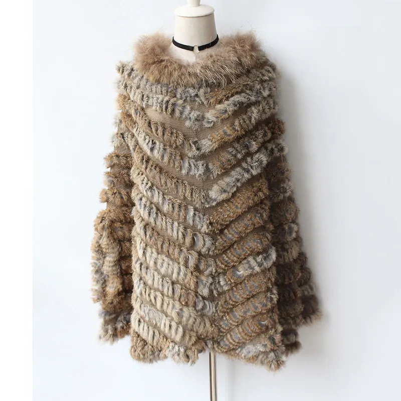 (TopFurMall) женское Вязаное пончо из кроличьего меха шали с воротником енота Женский