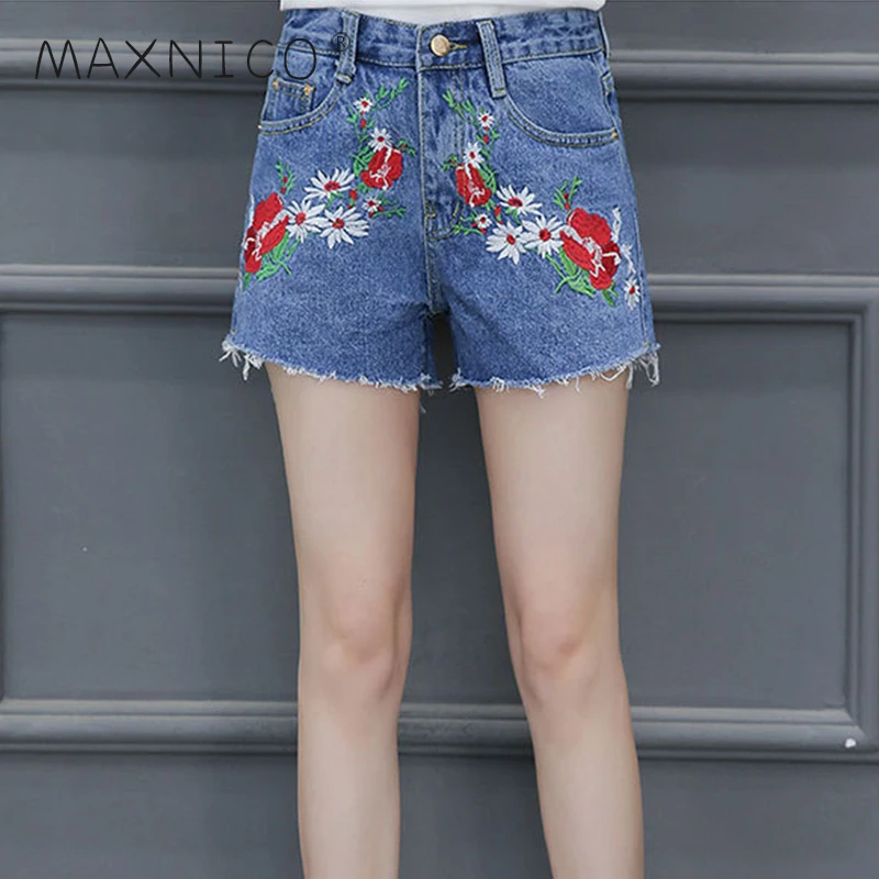 Maxnico Jean Shorts Women Summer 2017 Fashion Vintage Casual High Waist Ripped Embroidery Denim K1-7070564 |