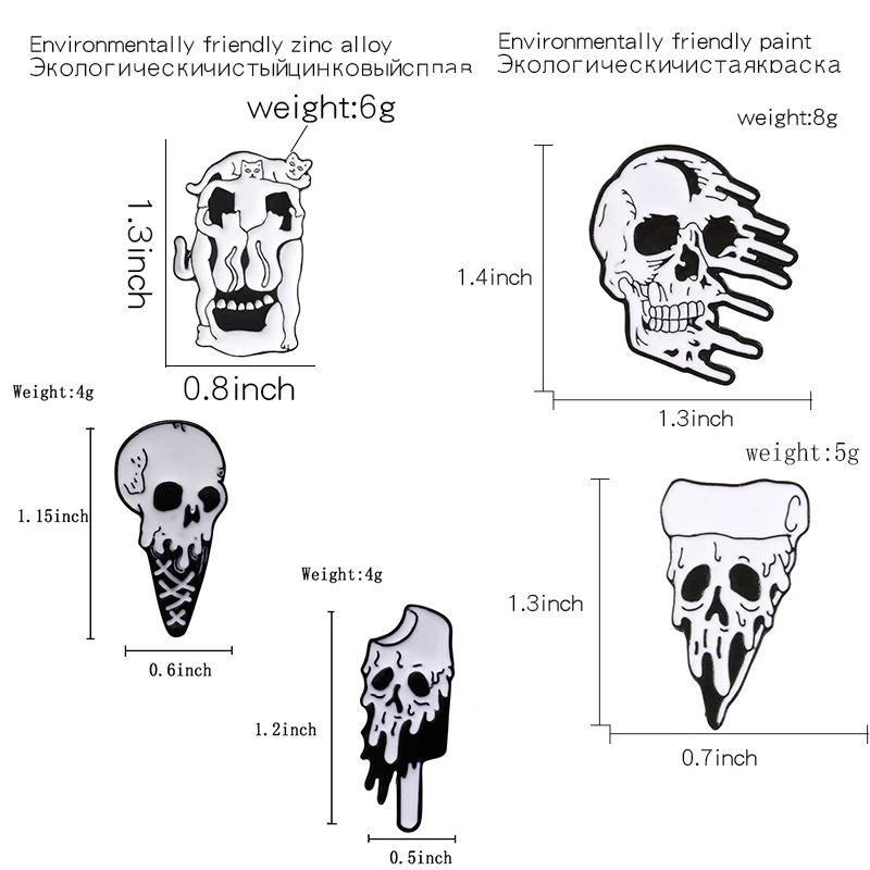 

Punk Skull enamel pin Funny Cats Melted ice cream Pizza lapel pins brooches for women Horror black white badge Shirt bag Jewelry