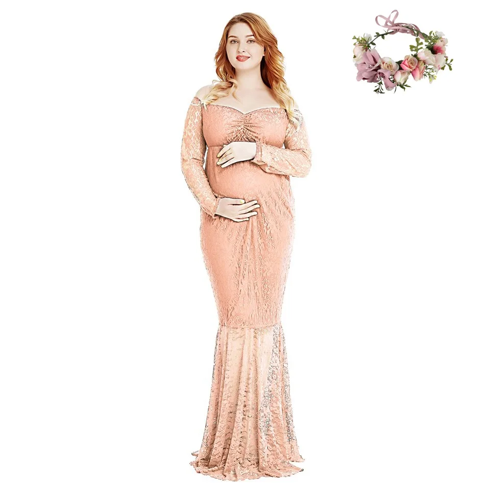 Dress 2 and Garland VOGUEON Для женщин с открытыми плечами длинное платье для беременных для фотографии кружевное вечернее платье леди Baby Shower беременных Костюмы для фото - Цвет: Dress 2 and Garland