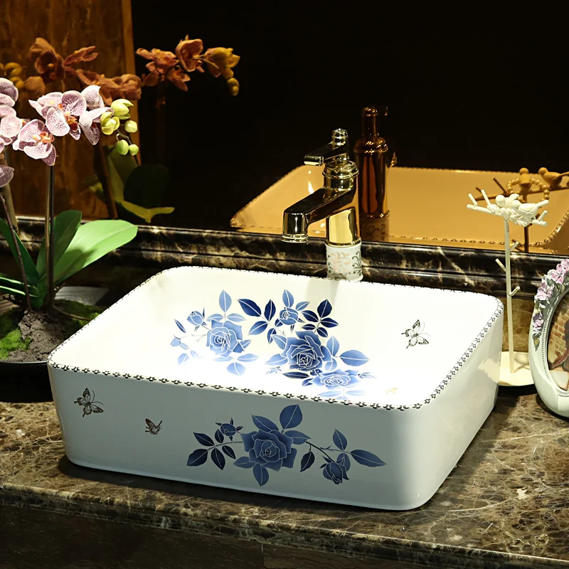 

China Artistic Handmade Counter top Ceramic Bathroom Vessel Sink ceramic wash basin bowl bathroom sinks rectangle blue and white