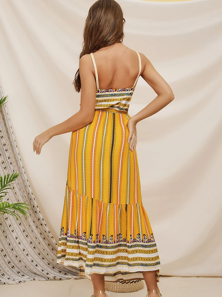 

new beach bright yellow ethnic dresses spaghetti strap o neck collar split dress women bowknot belt long dresses lady hcy030