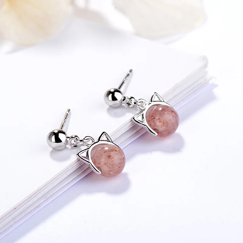 FENGLI Girl Strawberry Beads Stud Earring Cute Cat Silver Color Earrings Wedding Engagement Studs Handmade Jewelry | Украшения и