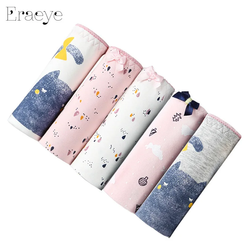

ERAEYE 5 pieces Women Mid Waist Panties Sexy Cotton Underwear Cute Printed Intimate Briefs Breathable Lingerie soft Panties 2902