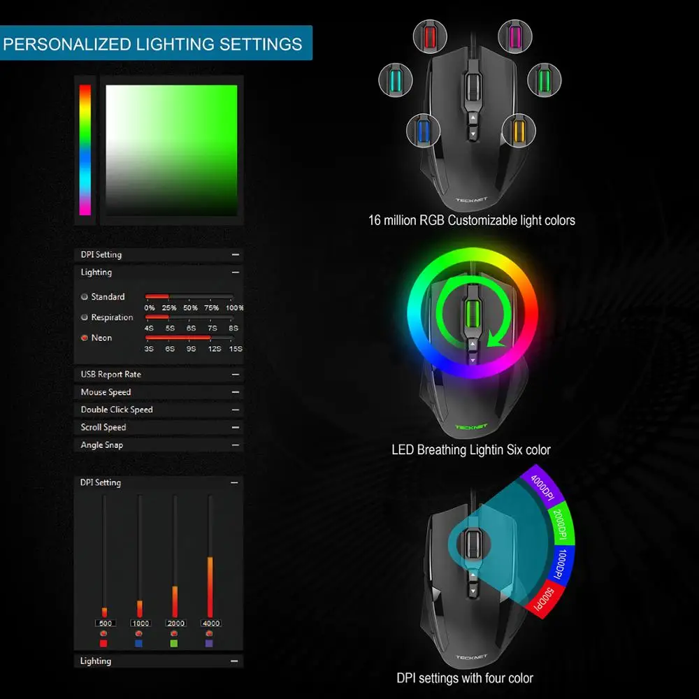 Игровая мышь TeckNet HYPERTRAK с программируемым лазерным сенсором высокой точности, 16400 DPI, 10 кнопками, возможностью настройки веса.
