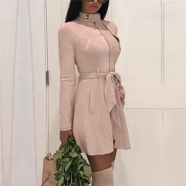 Розовый Флисовая куртка для мужчин Модная осенне-Весенняя Женская Тренч с поясом на молнии Повседневная офисная верхняя одежда женская одежда Vestidos - Цвет: Розовый