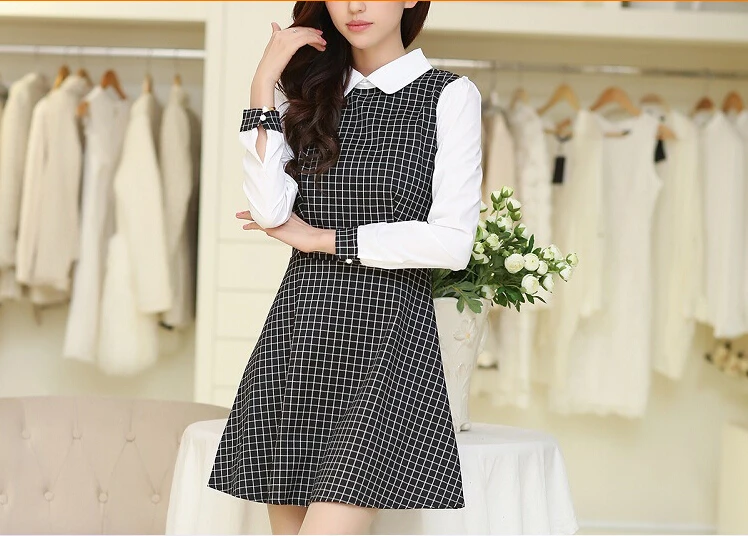 Краткое плед платье 2015 с отложным воротником осень платья женщины бесплатная