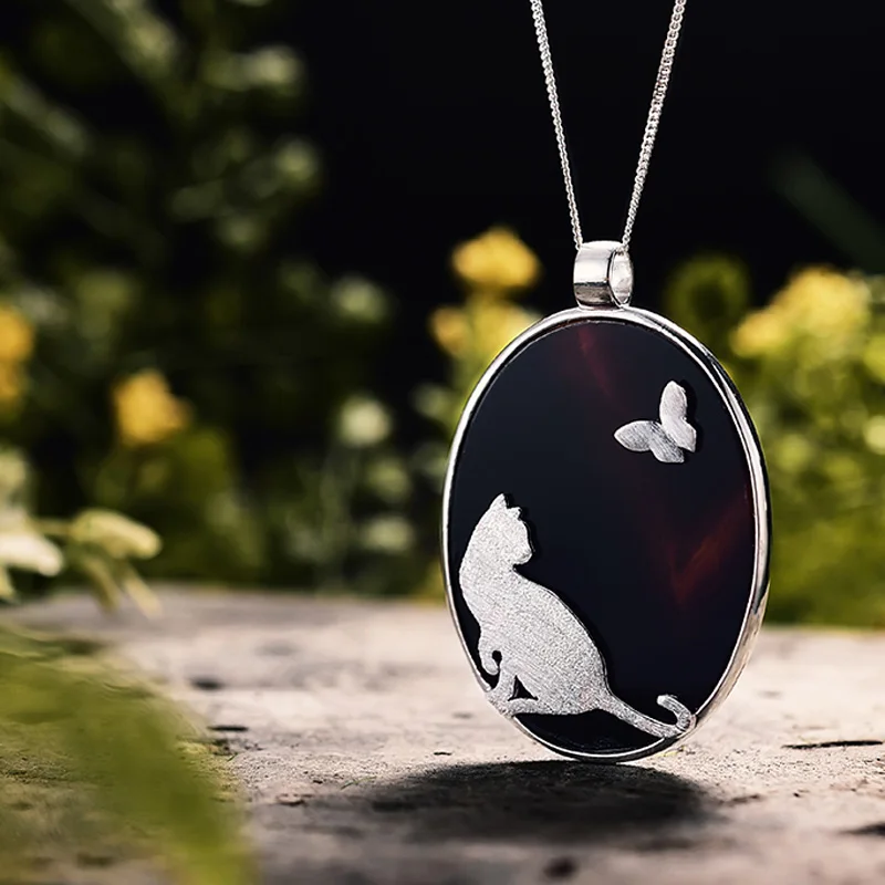 Серебристый Эксклюзив! Творческий дизайн ручная работа идиллический Кошка и бабочка кулон реальный серебро 925 натуральным агатом новогодние товары мода бижутерия превосходный качество женщины аксессуары необычные подарки - Цвет камня: Серебристый