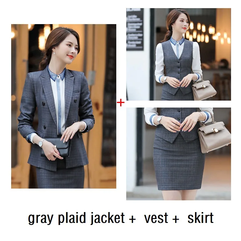 gray skirt set Женские костюмы, тонкий пиджак в клетку с длинным рукавом и брюки, 2 предмета в комплекте, OL, официальные женские брюки, костюмы для женщин, костюмы 866 - Цвет: gray skirt set