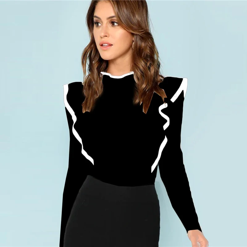 Dotfashion облегающая футболка с оборками, облегающая футболка с длинным рукавом, женская элегантная Осенняя футболка с воротником-стойкой, топы в Корейском стиле, новая футболка