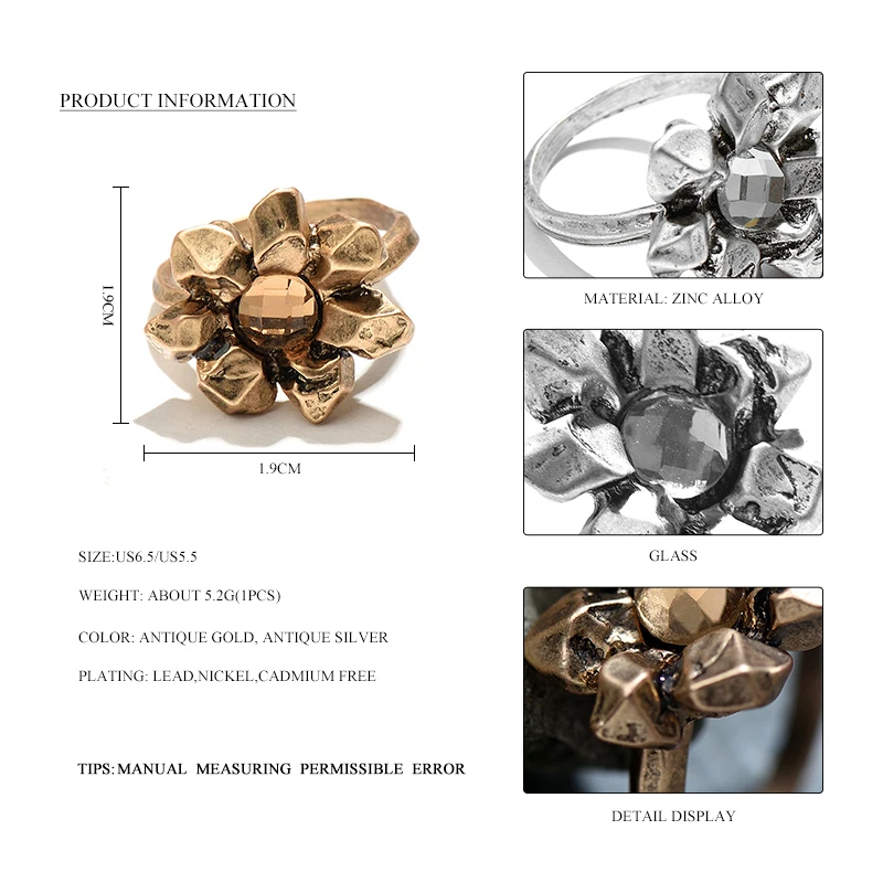 Кольца на палец с цветком из сплава ювелирное изделие круглым стеклом 2 цвета