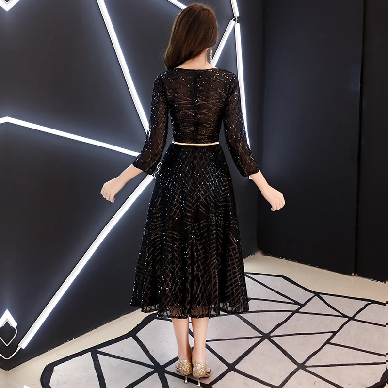 weiyin 2020 New Black V Neck Evening Dresses Long Sleeves Sequined Tea-length Party Gown Formal WY1238 | Свадьбы и торжества
