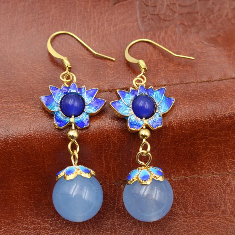 Женские серьги гвоздики Yanting Cloisonne lotus синие Бусины Из халцедона | Серьги-подвески -32820877076
