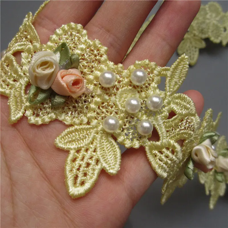 2 ярдов Винтаж желтый цветок жемчужное вышитые бисером Кружево отделка края