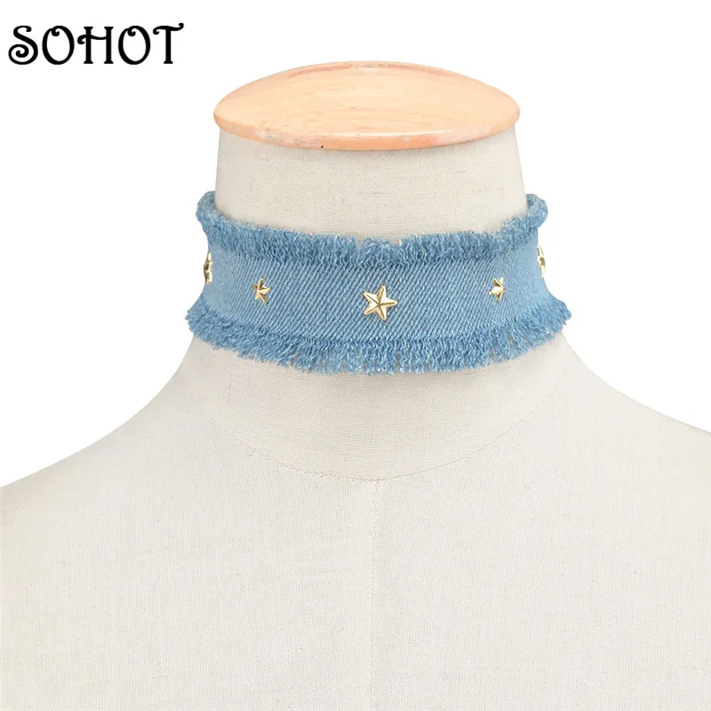Женское колье в стиле панк SOHOT ожерелье из голубой джинсовой ткани со звездами