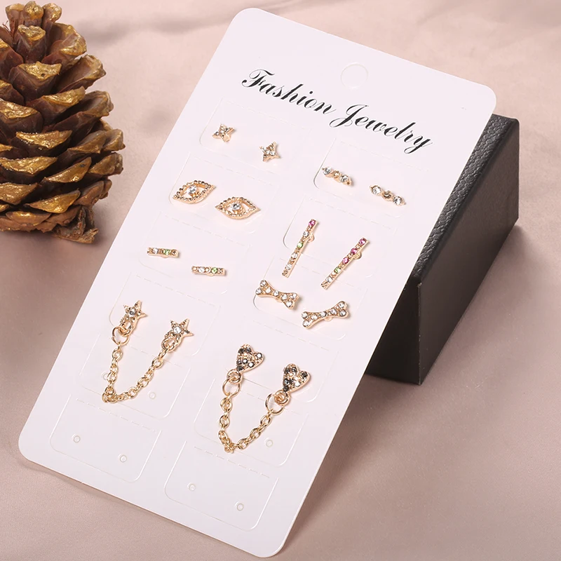 14 Pcs/Set Boho Crystal Chain Earrings Female Party Earring Fashion Heart Love Star Bones Eyes Stud Set | Украшения и аксессуары